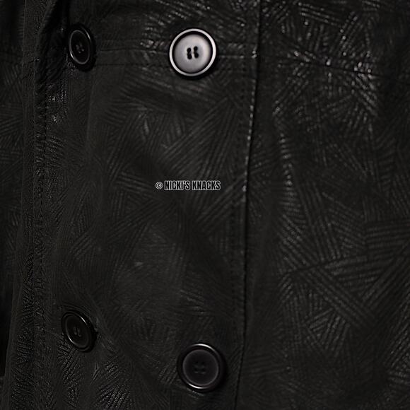 Vintage Pelle Cuir Black Embossed 100% Leather Trench Coat Shoulder Pads Size L - Picture 5 of 16